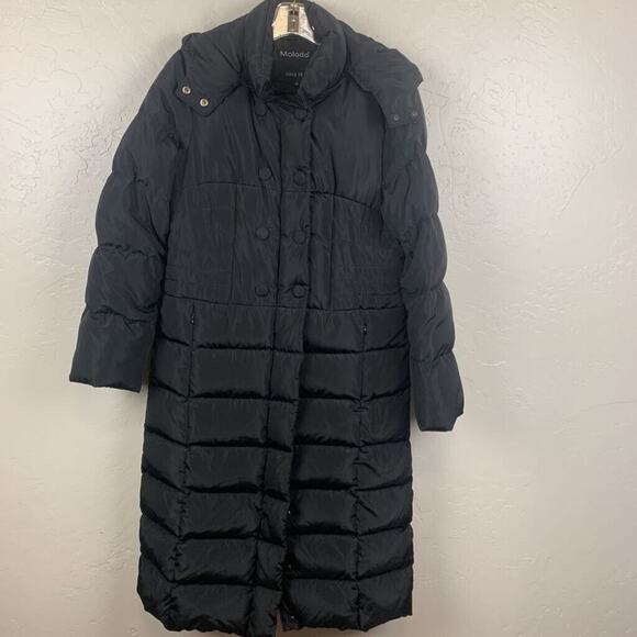 Molodo Down Filled Puffer Long Coat Size Medium Black Quilted Removable Hood - Picture 1 of 6